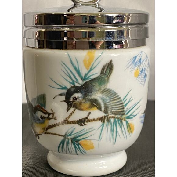 Vintage Royal Worcester Porcelain Egg Coddler with chrome top Birds Wren VGUC - Picture 12 of 16